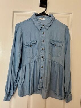 mine Light Blue Denim Button-Front Peplum Shirt